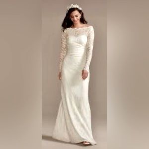 DB Studios Stretch Lace Sheath Long Sleeve Wedding Dress in Soft White 4